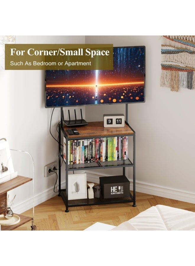 أوبتيا حامل تلفزيون أرضي لشاشات من 23 إلى 50 بوصة، حامل تلفزيون محمول شديد التحمل مع أرفف تخزين، عربة تلفزيون مع رف وسائط خشبي، حوامل تلفزيون أرضية عالمية مع حامل، رف مكتب تلفزيون زاوية بني ريفي للمساحات الصغيرة - Image 4